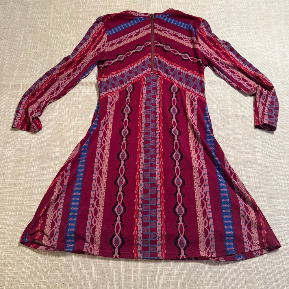 Free People Magenta Geometric Print Mock Neck Mini Dress Long Sleeve Size M - Picture 6 of 9